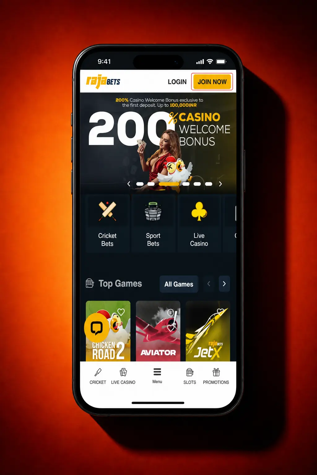 RajaBets mobile app registration screen